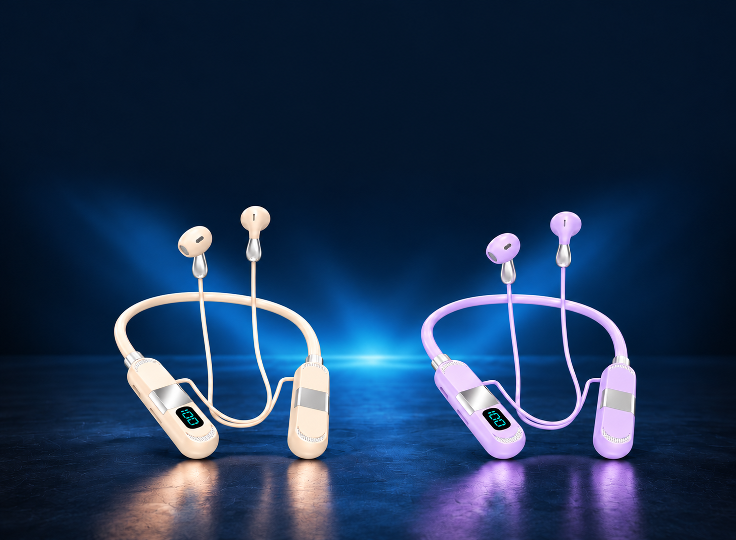 Neckband earphones displayed on a dark studio background